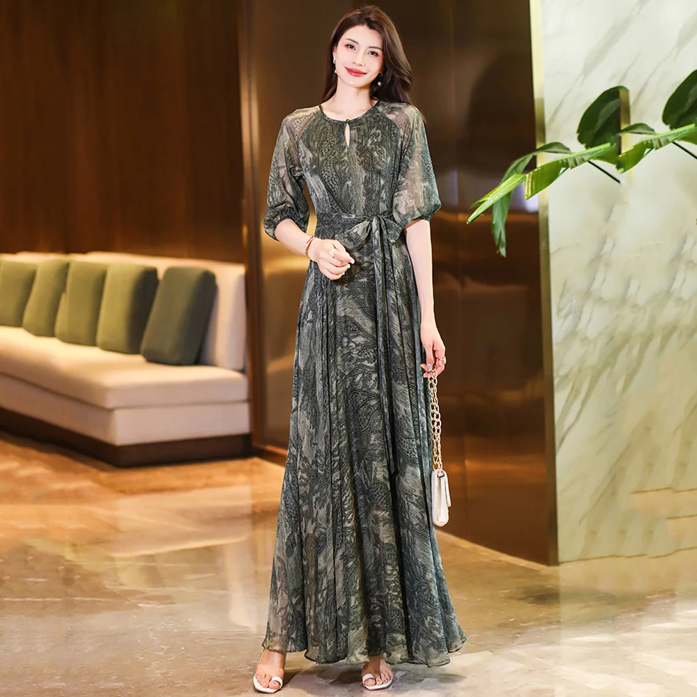 sachin and babi light blue dress New Women Summer Flowing Chiffon Dress Fashion O-Neck Half Sleeve Slim  Waist Long Dress Elegant Exquisite Print Dress