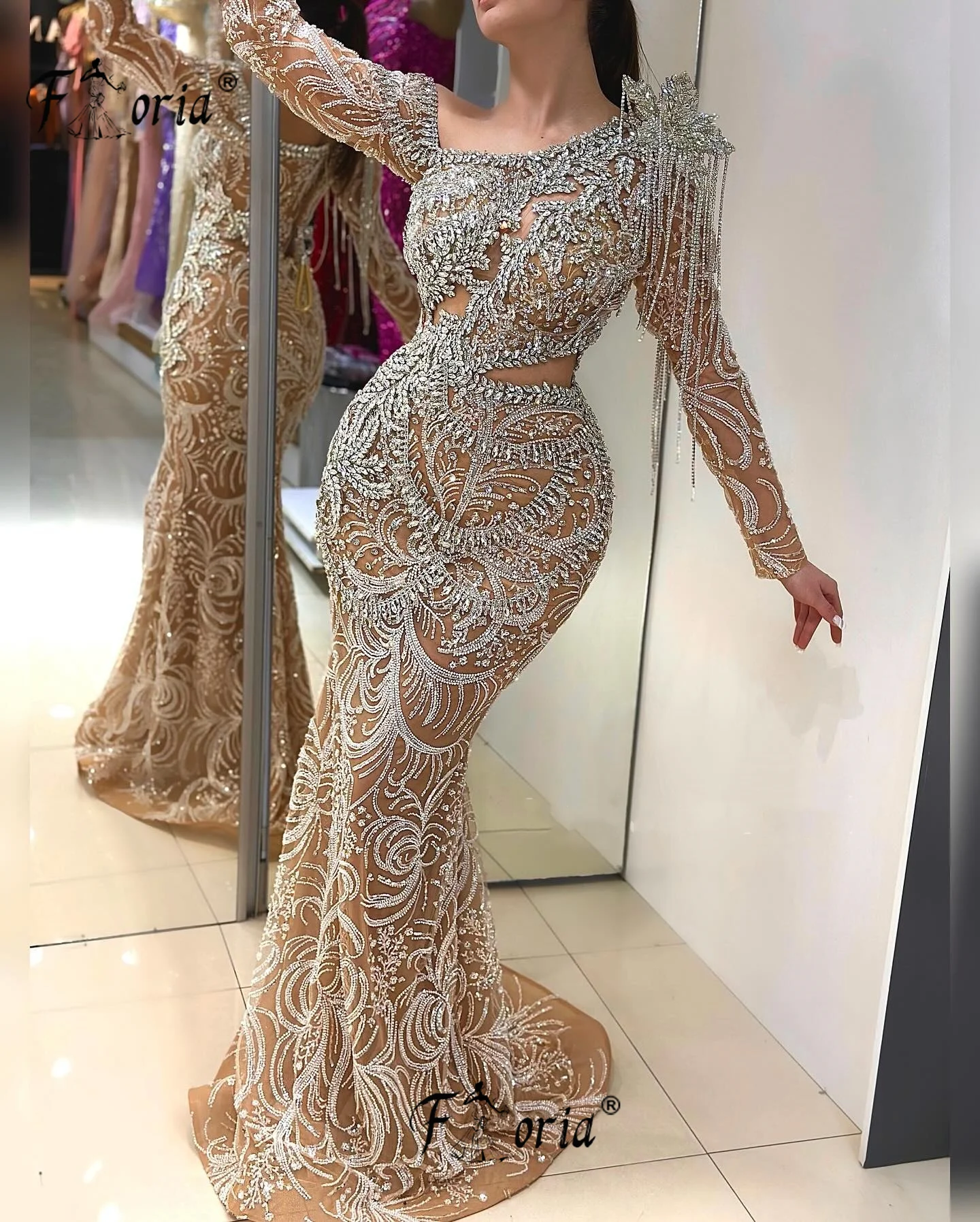 

Luxurious Beading Crystal Party Dresses Mermaid Evening Formal Gowns Long Sleeves Dubai Pageant Dress Wedding Vestidos De Noche