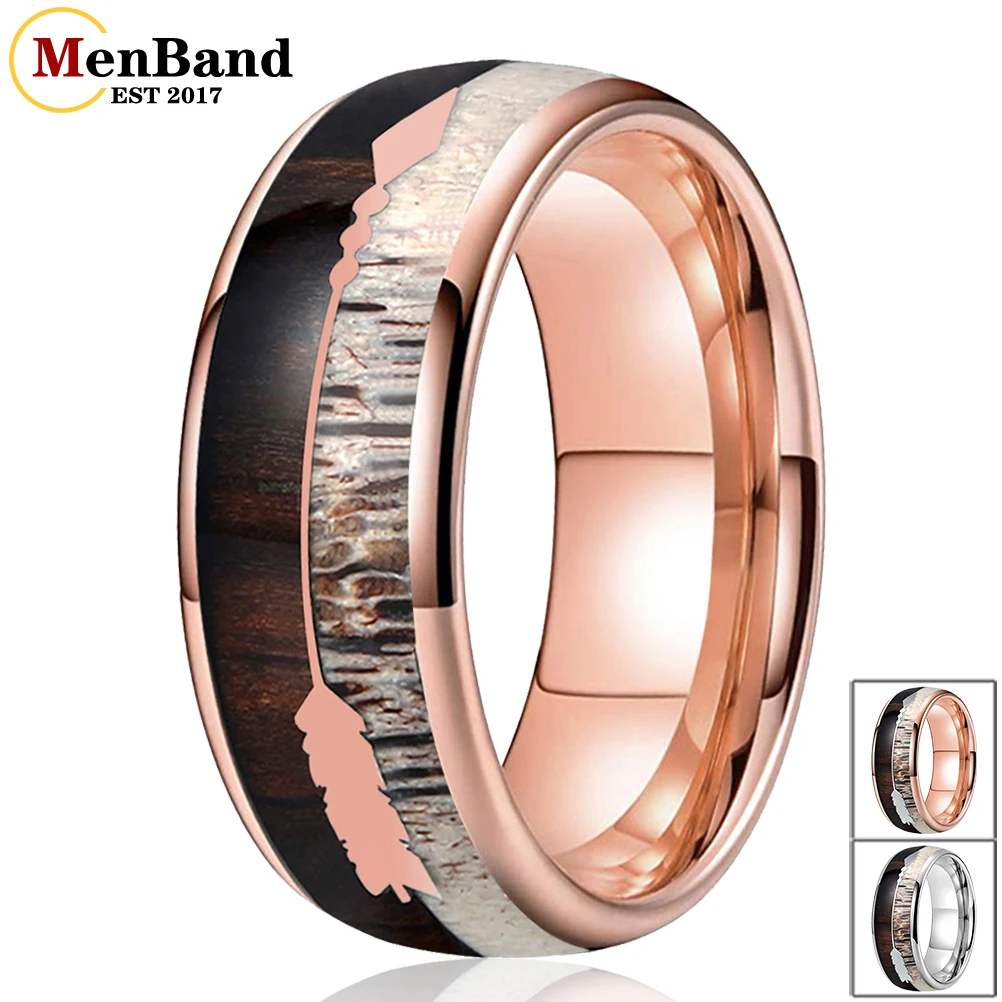 

MenBand Fashion 8MM With Zebra Wood Antler Big Arrows Inlay Men Women Tungsten Wedding Band Rings Dome Polishing Comfort Fit