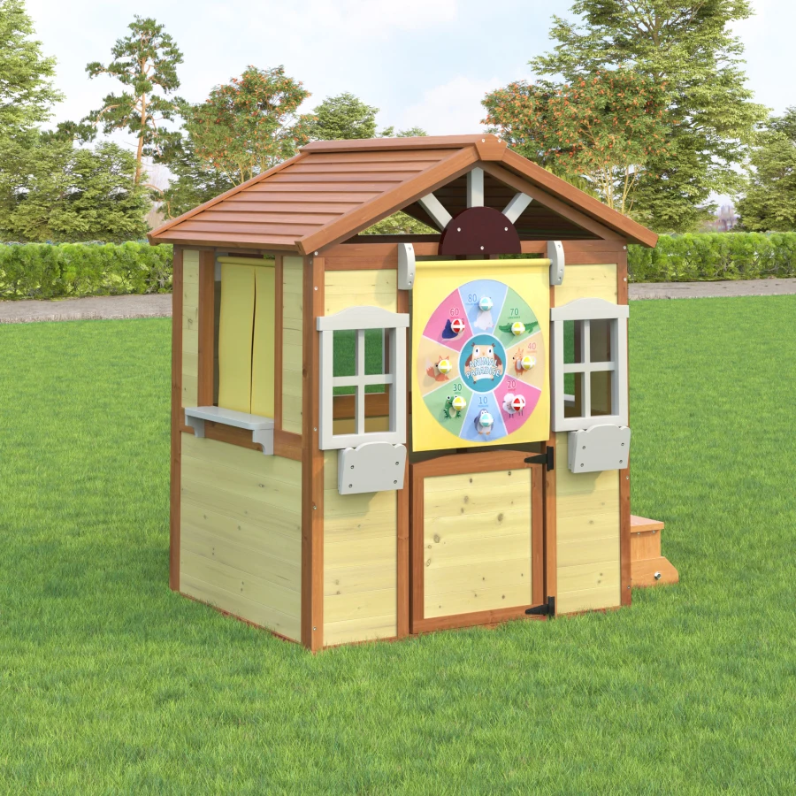 wooden Children's playhouse children's garden house with a stool