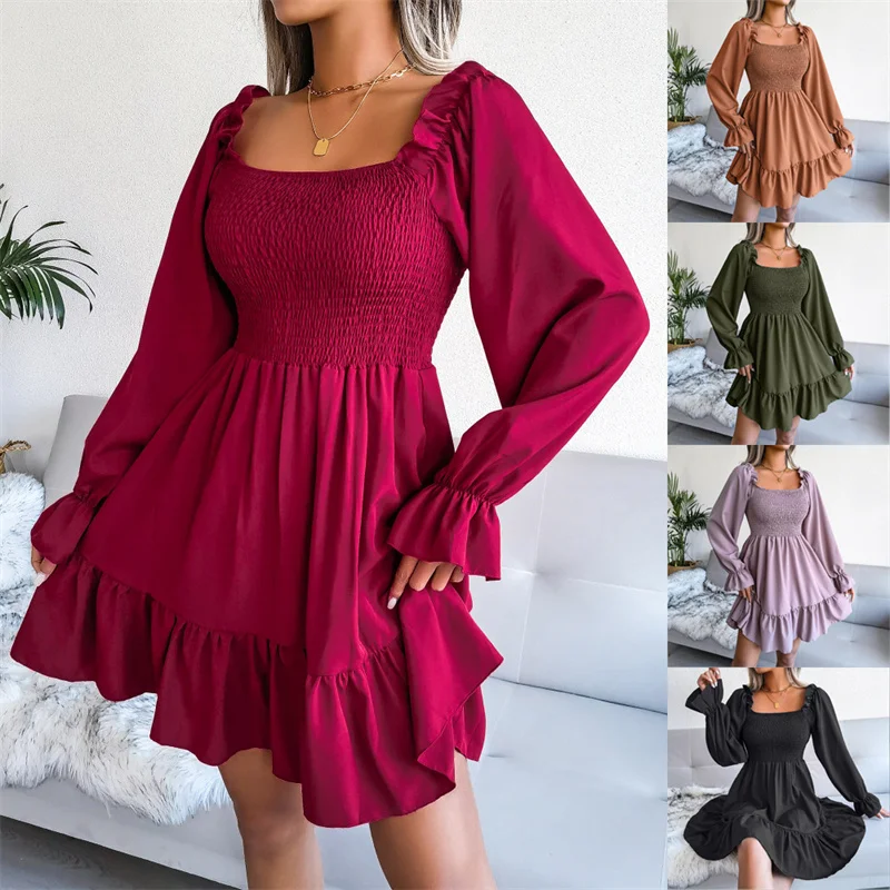 

2024 New Elegant Women Spring Summer Long-sleeve Dress Ruffle Square Collar Big Swing Dress Fold Elastic Lady Beach A-line Dress