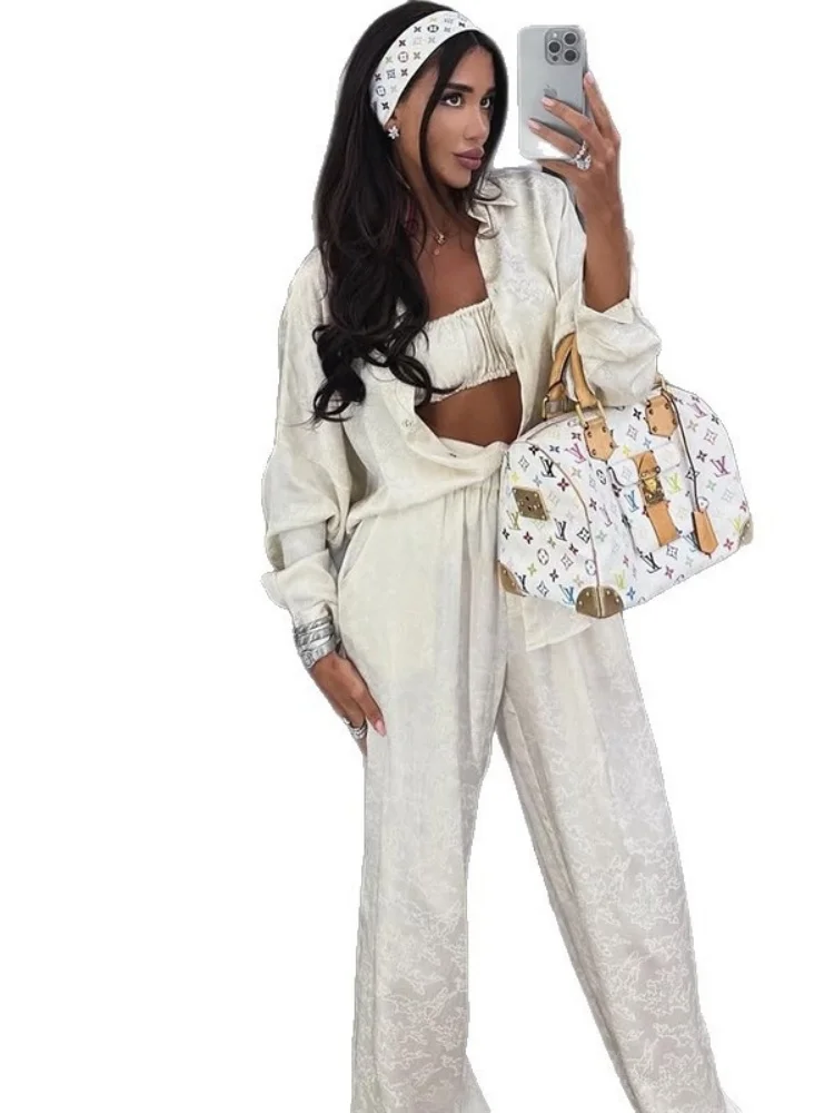 Wmstar Three Ece Set Women Wholesale Woman 2025 Summer New Fashion Lapel Long-sleeved Shirt Strapless Wide Leg Long Pants