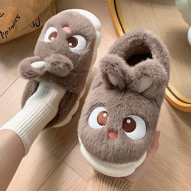 New Women's Fluffy Cartoon Rabbit Cotton Slippers for Winter Indoor Bedroom Slides Kawaii Bunny Ear House Memory Foam Slippers 5