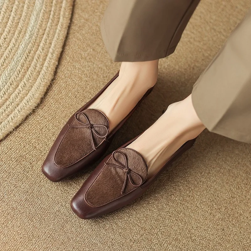 

Slip On Cowhide Retro Elegant Flats Low Heel Daily Shoes Fot Women Spring Flats HorsehairSimple Shoes French Style Ladies Shoes