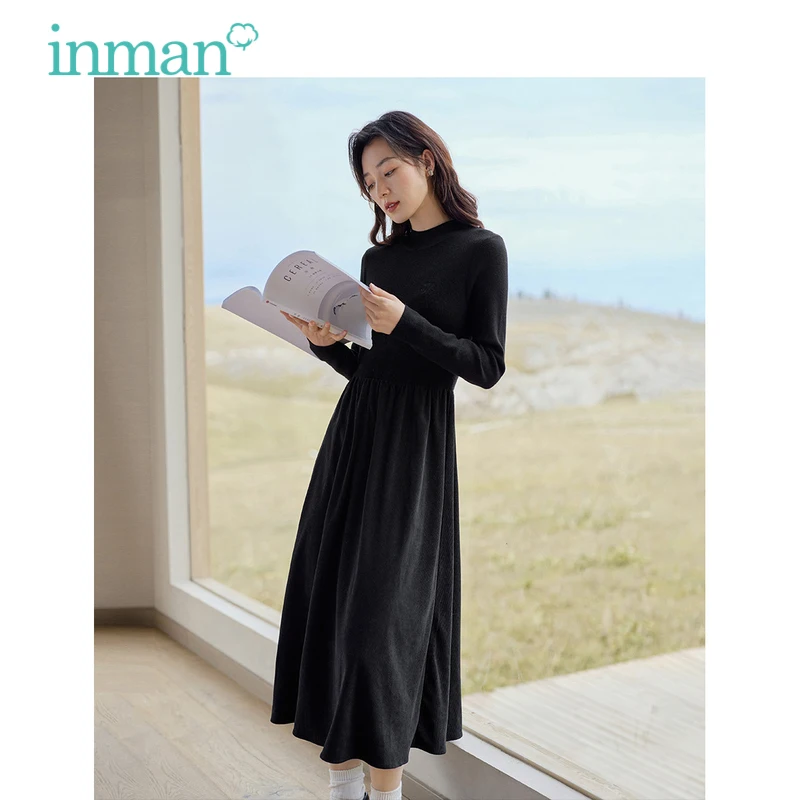 INMAN Women Corduroy Dress 2023 Winter Long Sleeve High Collar A-shape Elastic Woolen Fabric Elegant Apricot Coffee Black Skirt