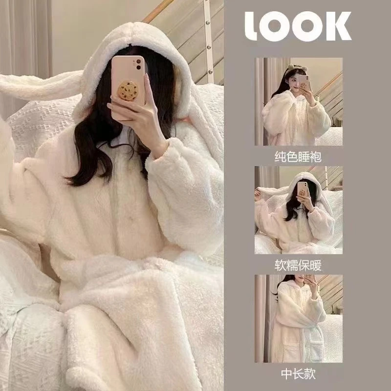 Winter Long Sleeve Hooded Thick Warm Flannel Kimono Robes Women Rabbit Cute Bathrobes Sleepwear Nightdress Night Dre