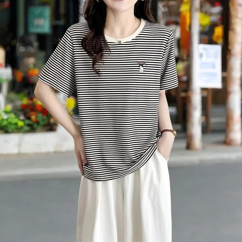 2025 Summer Plus Size Top New 100kg Casual Round Neck Tees Striped Embroidery Short Sleeve Women T-shirt 8015