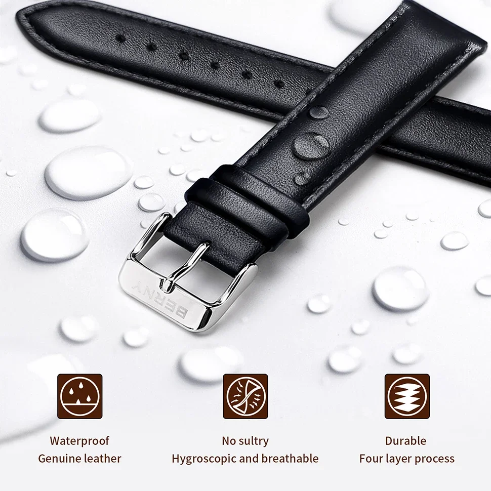 BERNY 100% Genuine Leather Watch Strap Watchbands 14/16/18/20/22mm Pin grain Hygroscopic and Breathable High Quality Watchbands
