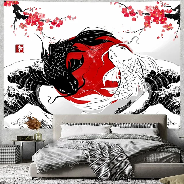 Tapisserie de poisson japonais Yin Yang Koi, rouge et noir, tapisserie d'art cerise, décor de chambre Hippie, décoration murale esthétique Boho pour la maison 1