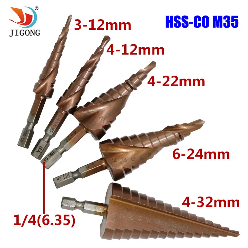 

JIGONG HSS-CO M35 Hexagonal Shank Spiral Groove Step Drill Bit Metal Cone Step Drill Bit Stainless Steel Hole Saw Hole Cutter