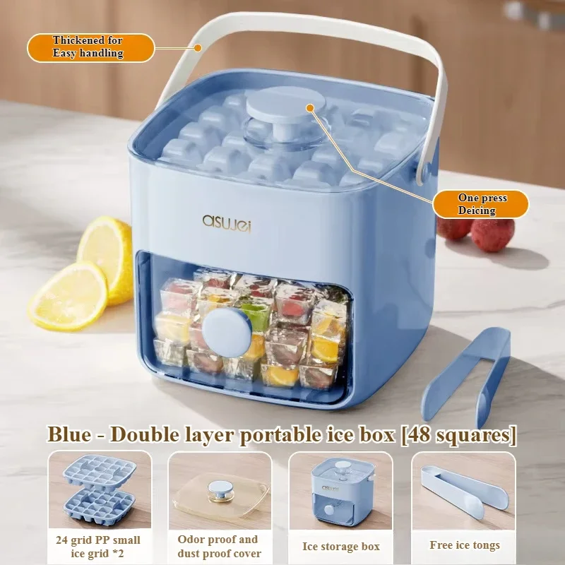 Pressing Ice Cube Mold Large Capacity Double-layer Design Ice Storage Container Home Food Grade Storage Box 48 Gride