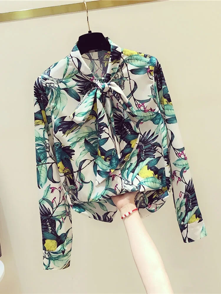 

Spring Summer Women's Chiffon Shirt New Floral Retro Long-sleeved Shirt Bow Tie Bottoming Shirt Women's Tops and Blouses GD451