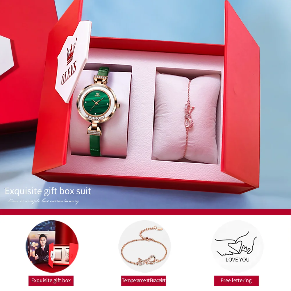 OLEVS 5540 Women's Watches Casual Fashion Original Quartz Wristwatch Elegant Green Simple Dress Watch for Woman Waterproof Leath