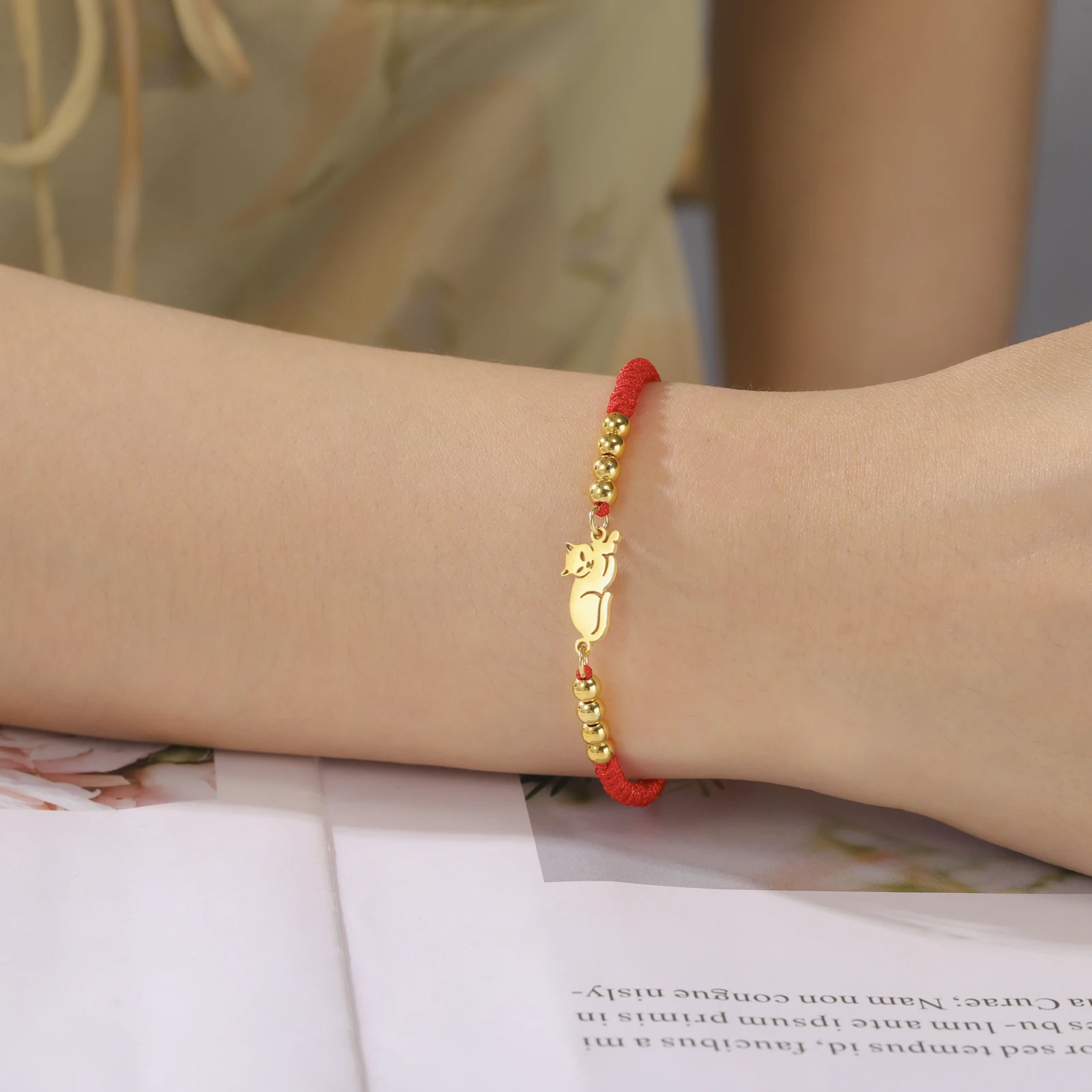 Stainless Steel Gold Color Cat Charm Bracelet for Girls' Braided Rope Bracelets - PeticaDeals