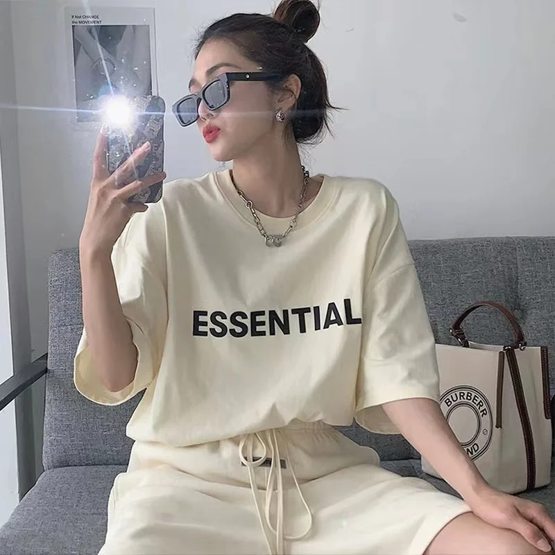 

ESSENTIALS Summer high street men's and women's cotton T-shirts, cotton trendy round neck short sleeves