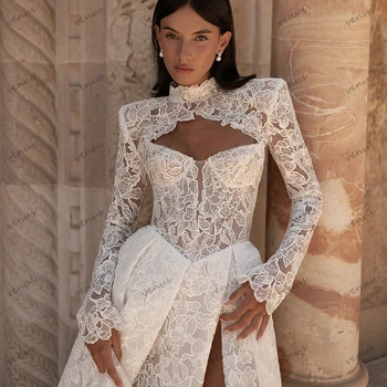 Glamorous Wedding Dresses A Line Luxury Bridal Gowns Sexy High Slit Robes Full Sleeves Jacket Vestidos De Novia Customized 2025