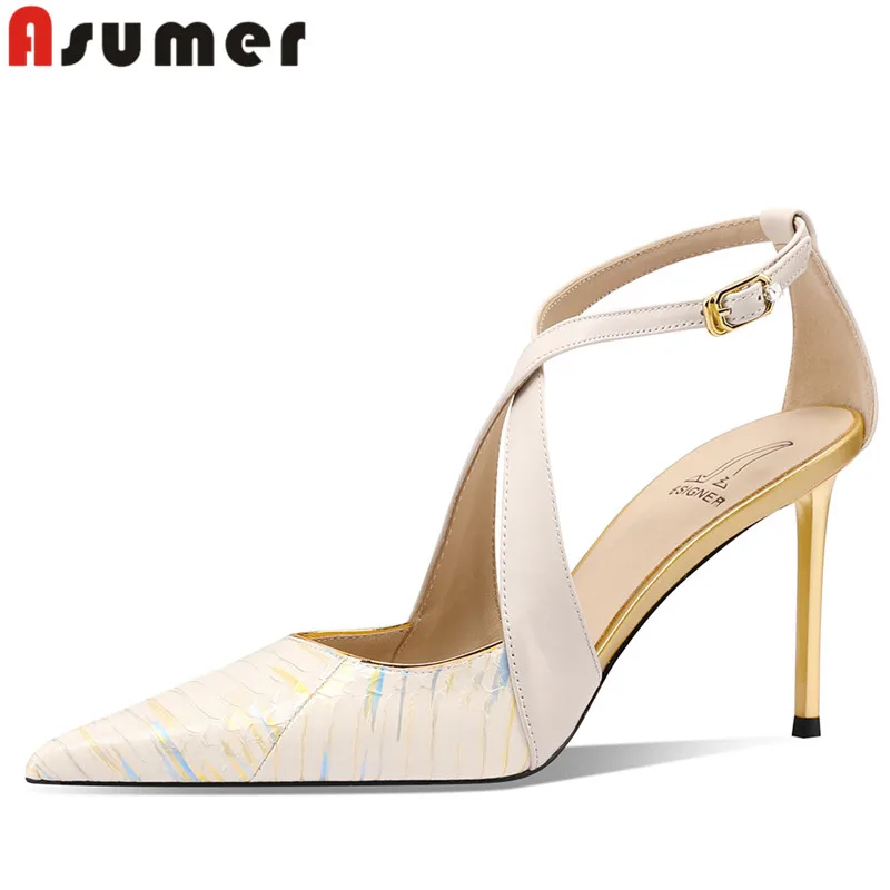 

ASUMER 2024 New Snakeskin Leather Mixed Colors Sandals Thin High Heels Sandals Women Sexy Ladies Dance Buckle Shoes