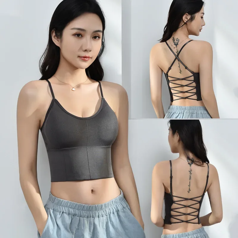 

New halter no-wire one-piece underwear Thin straps cross back wrap chest top adjustable cutout vest