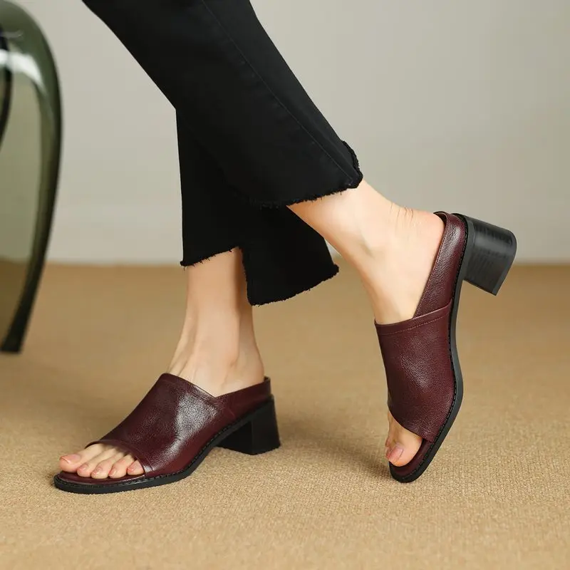 MORAZORA New Genuine Leather Shoes Women Slippers Peep Toe Square Heels Summer Mules Ladies Fashion Office Dress Shoes images - 6