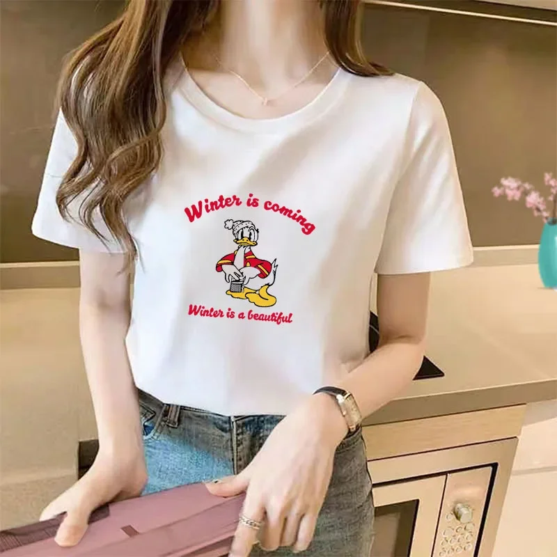 Disney Cartoon T-shirt Mickey Mouse Tops Donald Kawaii Clothes for Women Cotton Printed Clothing Summer Goofy Cute T Shirt Lady