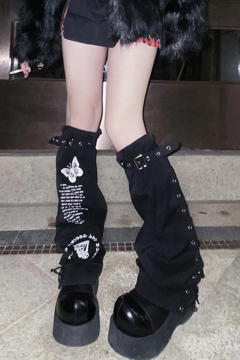 Japanese Harajuku Sweet Cool Girls Leg Warmer Punk Butterfly Letter Printing Buckle Hot Girls Black Leg Socks Leg Cover Women