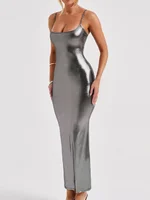 Sexy Shiny Patent Leather Slim Bodycon Maxi Dress Women Sleeveless Backless Skinny Long Dress Elegant Club Party Vestidos - Image 3