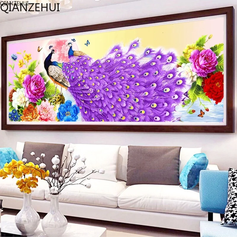 

DIY full Diamond Embroidery,Round Diamond Blossoming purple peacock Living room decoration rhinestone beads Diamond painting