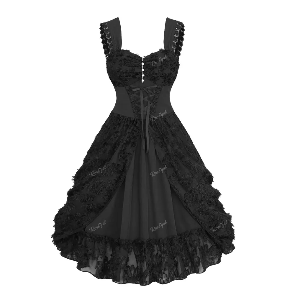 

ROSEGAL Plus Size Gothic Dress Women Faux Pearl Lace Up Feather Chrysanthemum Jacquard Layered Ruched Party Dresses Vestidos