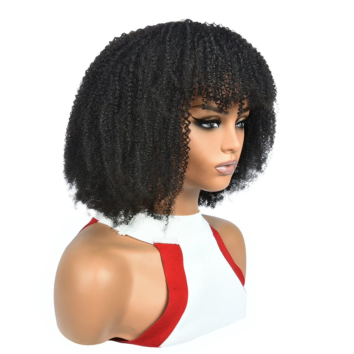 미스 로라 아프로 곱슬머리 인모 가발 250% 밀도 전체 기계 제작 곱슬머리 인모 가발 앞머리 포함 레미 풀 헤어 가발