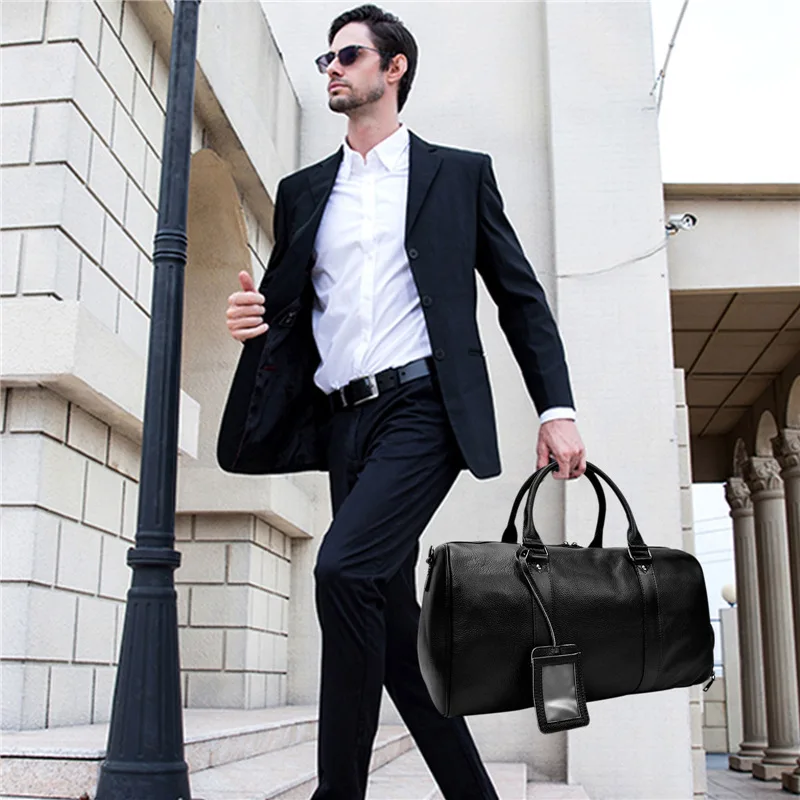 Mens Genuine Leather Travel Bag Black Fitness Bag with Waterproof Shoe Position Handbag Top Layer Cowhide Crossbody Bag