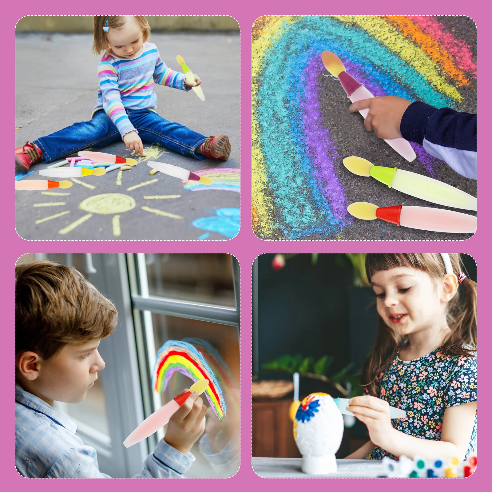 6Pcs Sponge Foam Brush Set DIY Arts and Crafts Painting Brush Plastic Sidewalk Chalk Paint Brush Stenciling Painting Tools