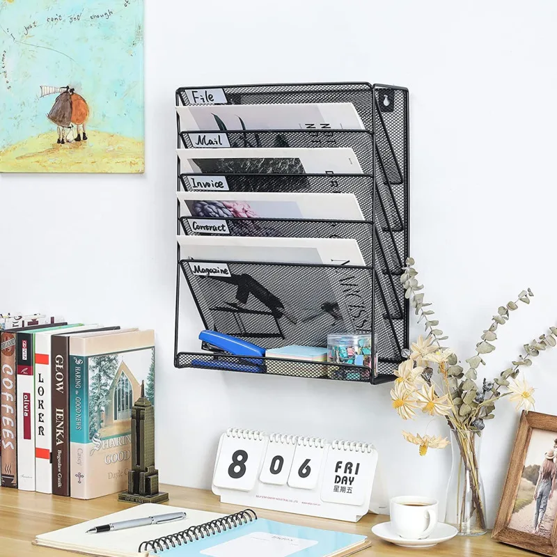 

Wall Hanging File Storage Shelf Metal Iron Art Zhi Miscellaneous Bookshelf A4 Data Storage Basket Multi-layer Vertical Type