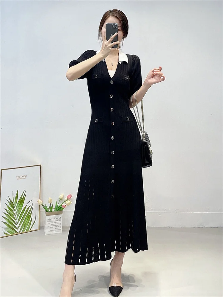 V-Neck Knit Contrast Long Dress Women Hollow Out Lapel Fashion High Waist Elegant Party Dress Knitwear Ladies Maxi Dress