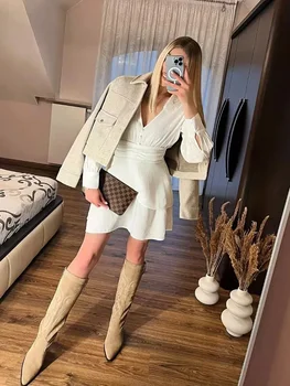 سترة منفوخة مقصوصة من HXAO للنساء سترات طيار ملابس خارجية معاطف من الصوف والخريف والشتاء سترة تويد 6