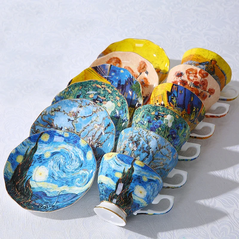 Ceramic Coffee Cup Set Stainless Steel Cup Set The New Van Gogh Art Painting Coffee Mugs The Starry Night Sunflowers Sower Irises Saint-Remy Coffee Tea Cups