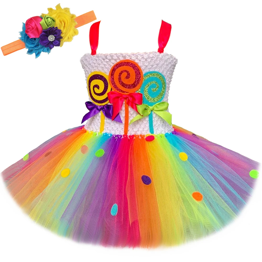 

Girls Rainbow Candy Tutu Dress Candyland Theme Girl Birthday Party Princess Dress Ball Gown Halloween Lollipop Costume for Kids