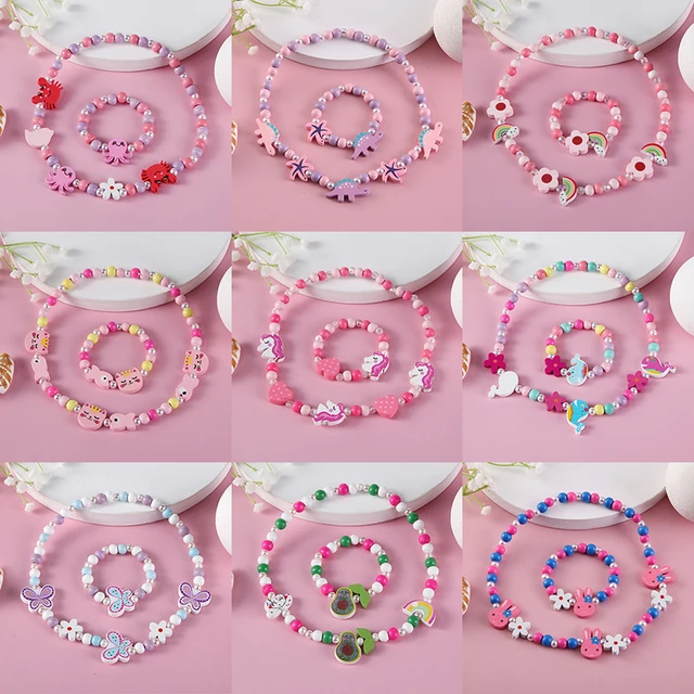 2pcs Cute Cartoon Pattern Charm Necklace Bracelet Sets Natural Wooden Beads For Children Toys Girl Birthday Gift Jewelry Sets