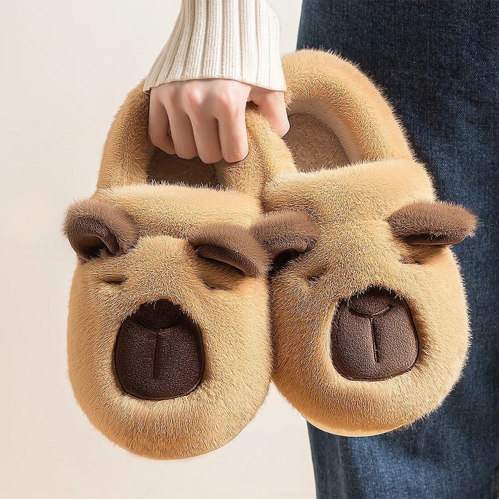 Plush Capybara Slippers Closed Toe Slippers Comfortable Fluffy Couple Non-Slip Furry Animal for Autumn Winter