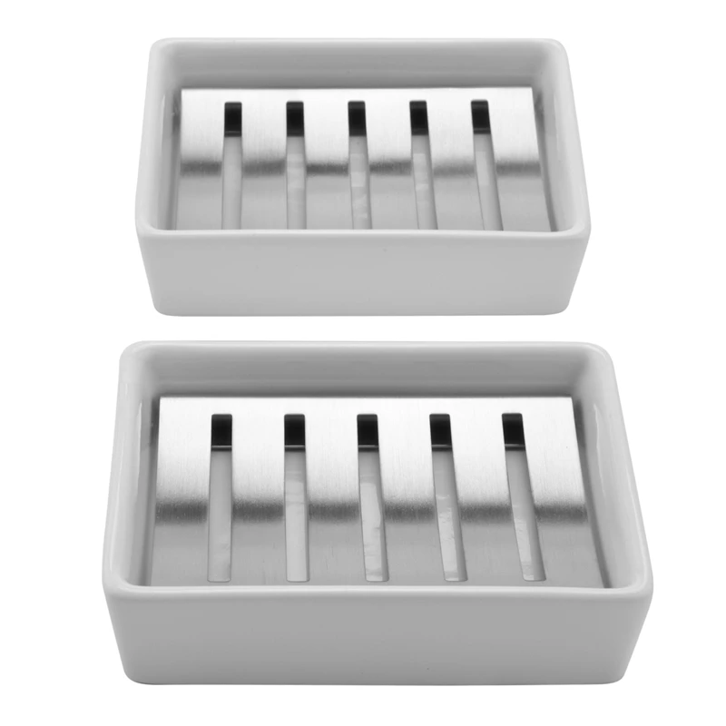 

Ceramic Soap Dish Stainless Steel Soap Holder For Bathroom And Shower Double Layer Draining Soap Box, 2 Pieces