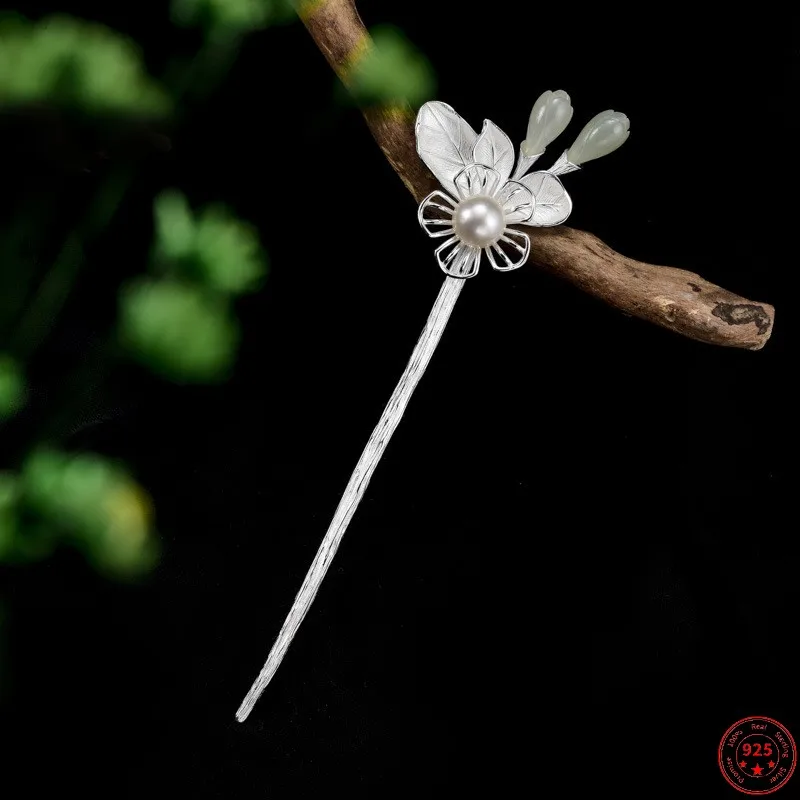 Accessori Per Capelli In Argento Sterling S925 Per Le Donne New Fashion Jade Magnolia Hollow Plum Blossom Hairpin Hair-Sticks Copricapo