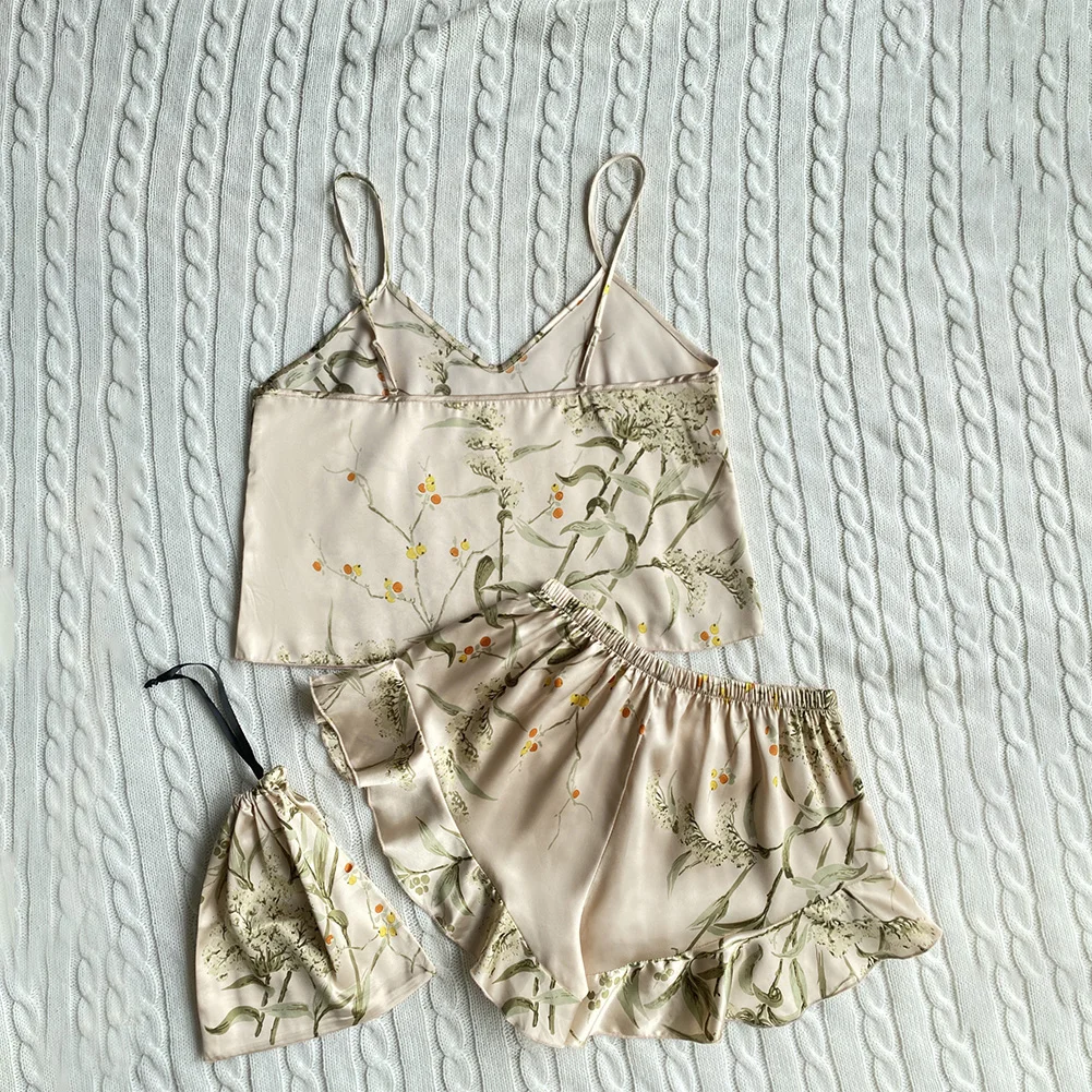 

Women Sexy Nightwear Silk Smooth Satin Print 2pcs Set Suspender Deep V Neck Tops Ruffles Shorts Home Loose Casual Suit Sleepwear