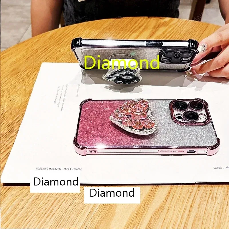 Glitter Diamond Heart Shockproof Bracket Phone Case Cover