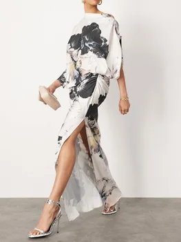 Gymystars Fashion Evening Dresses Floral Printed Long Dress for Women Summer Art Asymmetric Bat Sleeves One-Shoulder Party Dress 1