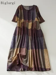 Plus Size Summer Long Dress Women Loose Plaid Cotton Linen Ladies Dresses Casual Fashion Woman Dress 2023