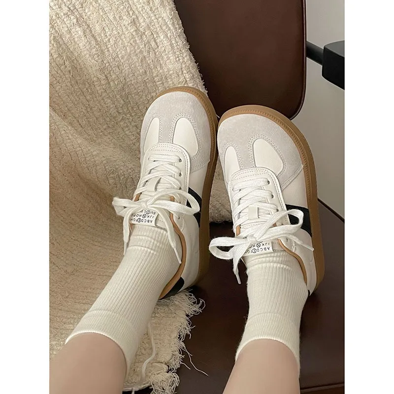 Round Toe Fashion Women Casual Shoes for Spring 2024 Thick Soled Height Women Shoes Leather Pleated Lace-up Board Shoes 24-203