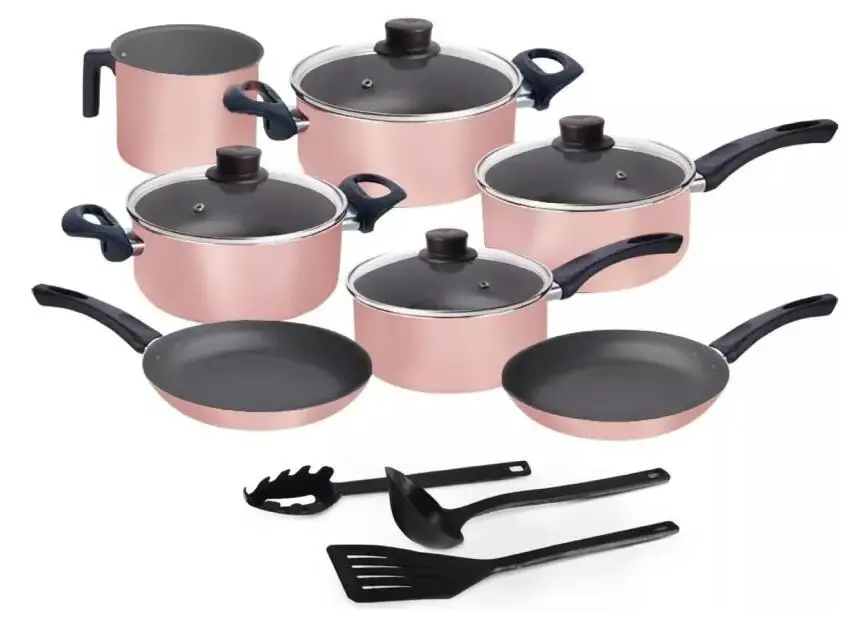 Jogo de Panelas 10 Peças Rosé Antiaderente c/Tampa de Vidro e Utensílios