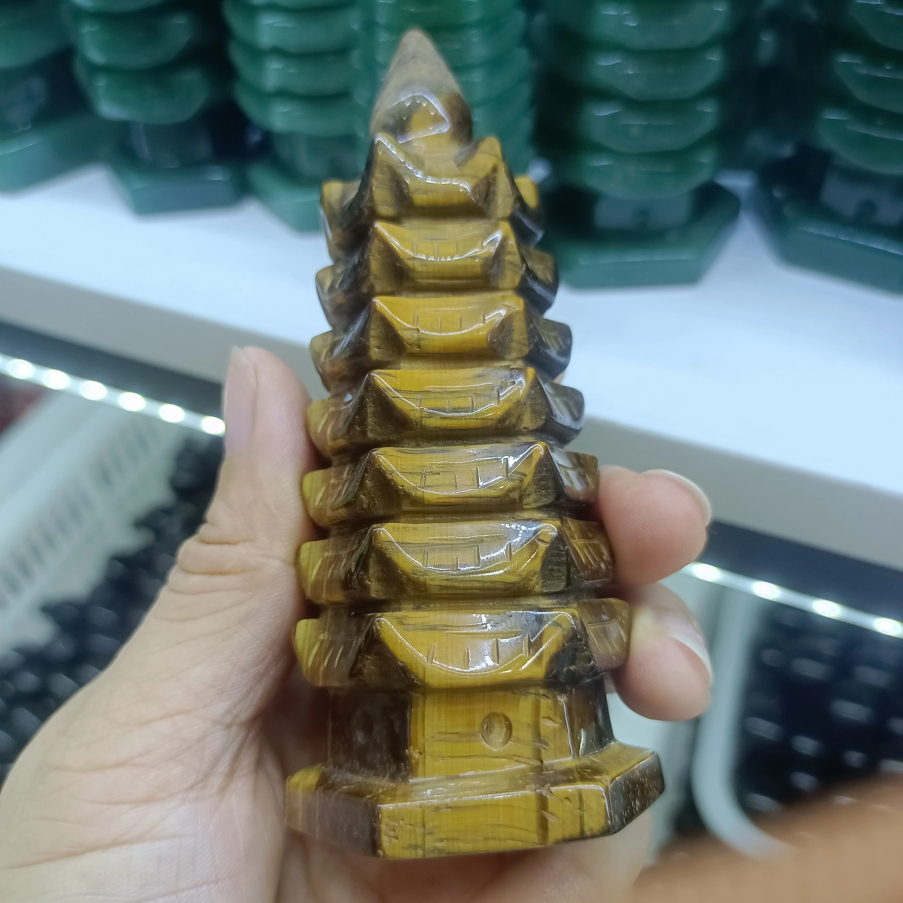 

Natural Tiger Eye Stone Hand Carving Seven Layers Wenchang Tower Crystal Energy Home Office Craft Gifts Feng Shui Decoration
