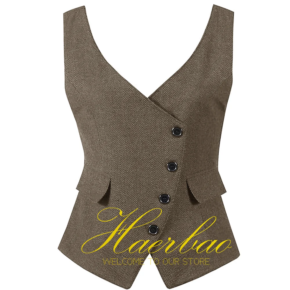 Women's Herringbone Sleeveless Jacket, Winter Wool, Formal Waistcoat, Retro Design, 4-Button Vest, Lady