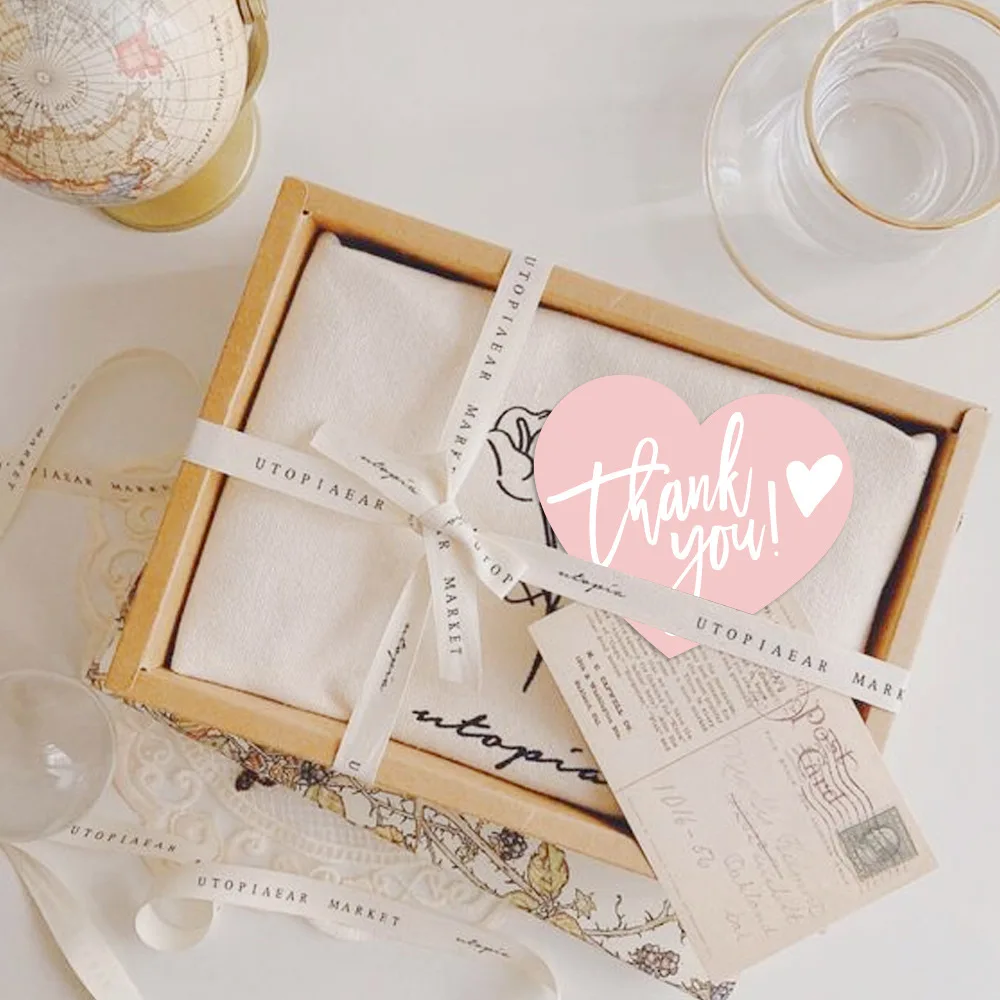 30pcs 6*7cm Heart Shaped Pink Thank You Card Gift Card Holiday Wedding Packaging Bouquet Decoration Store Packaging
