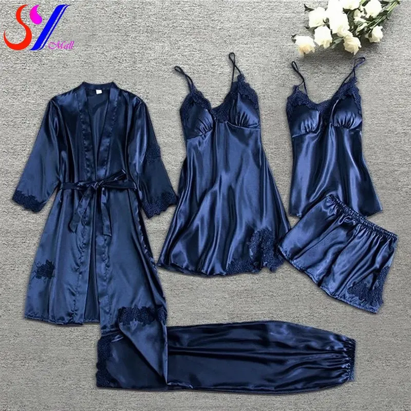 

Sexy Nightwear 5 pcs Pajamas Sleep Tops Robe Sets Silk Pajamas Sleep Suit Womens Lace Satin Pajamas Pajama Suit